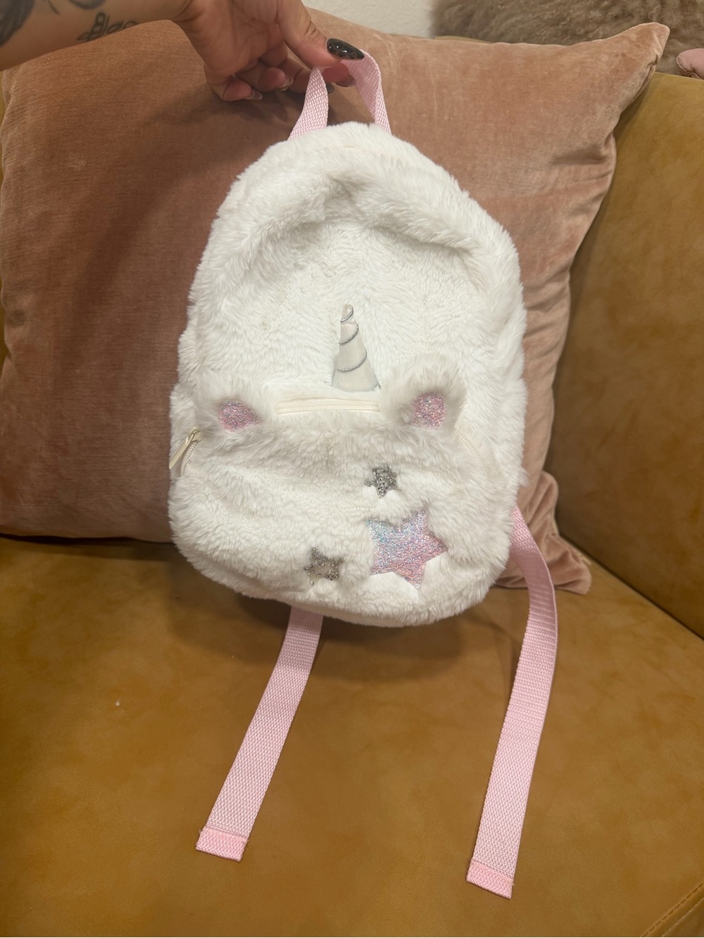 White Faux Fur Unicorn Kids Backpack with Pink Straps